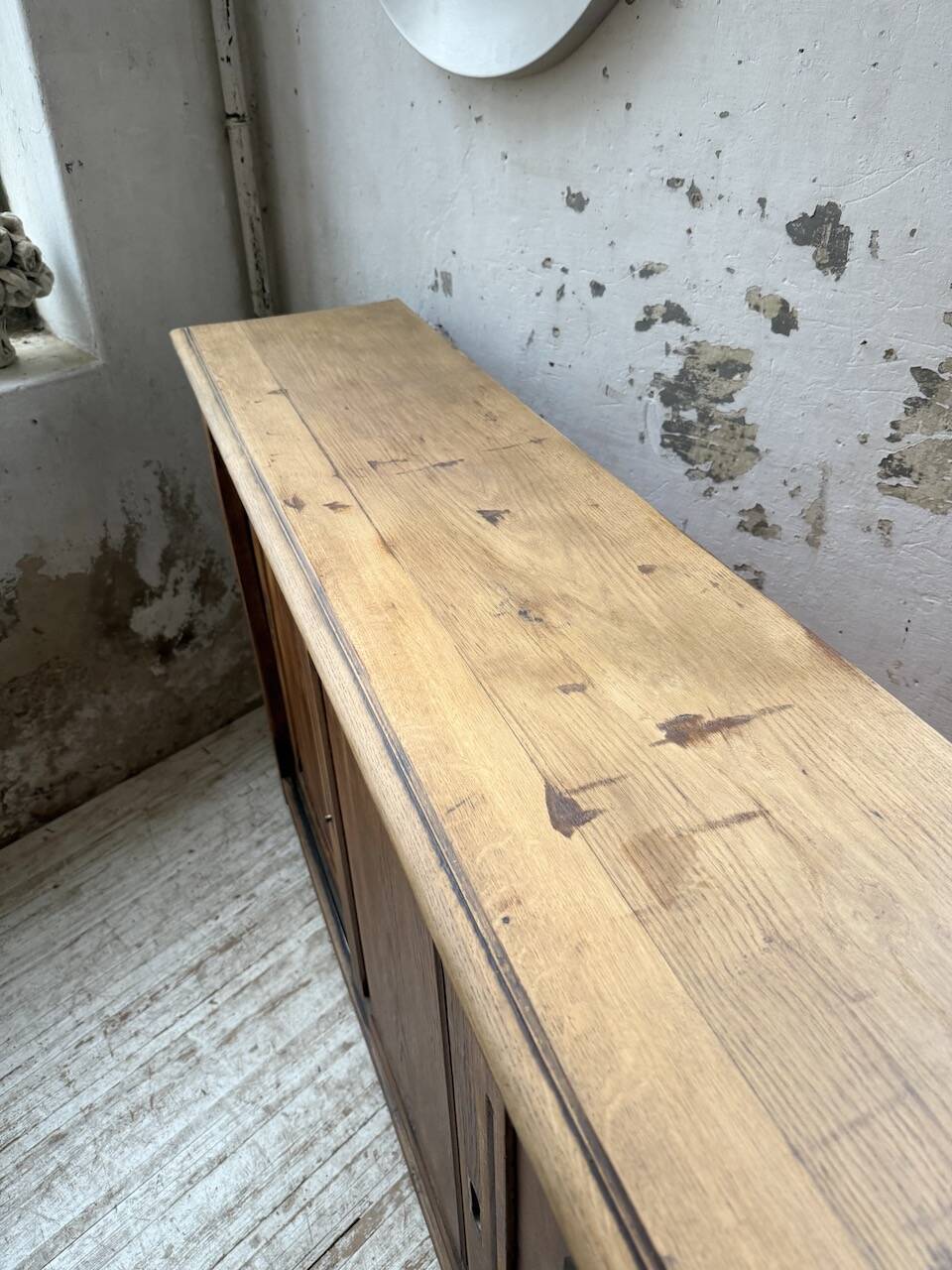 XL oak workshop sideboard with sliding doors from 1900