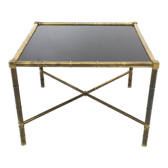 Vintage Square Brass and Black Opaline Glass Coffee Table Ascribable to Adnet