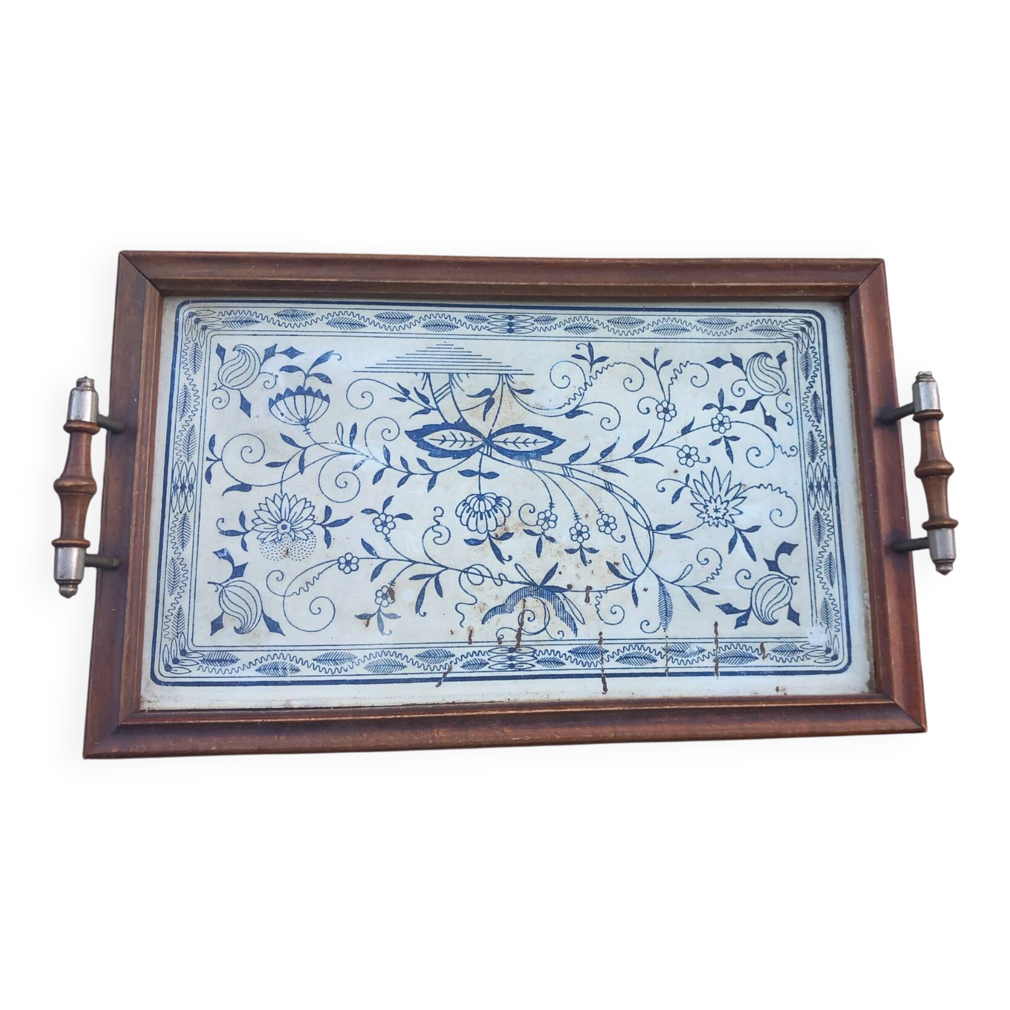 Petit plateau ancien bois, laiton et tôle lithographiee