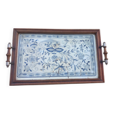 Small antique tray made of wood, brass, and lithographed tin.