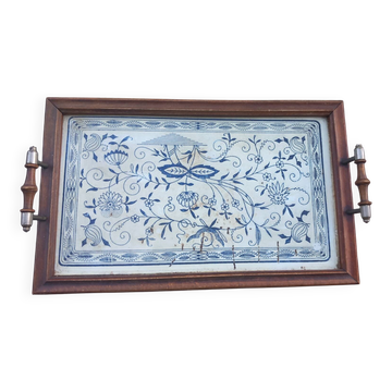 Petit plateau ancien bois, laiton et tôle lithographiee