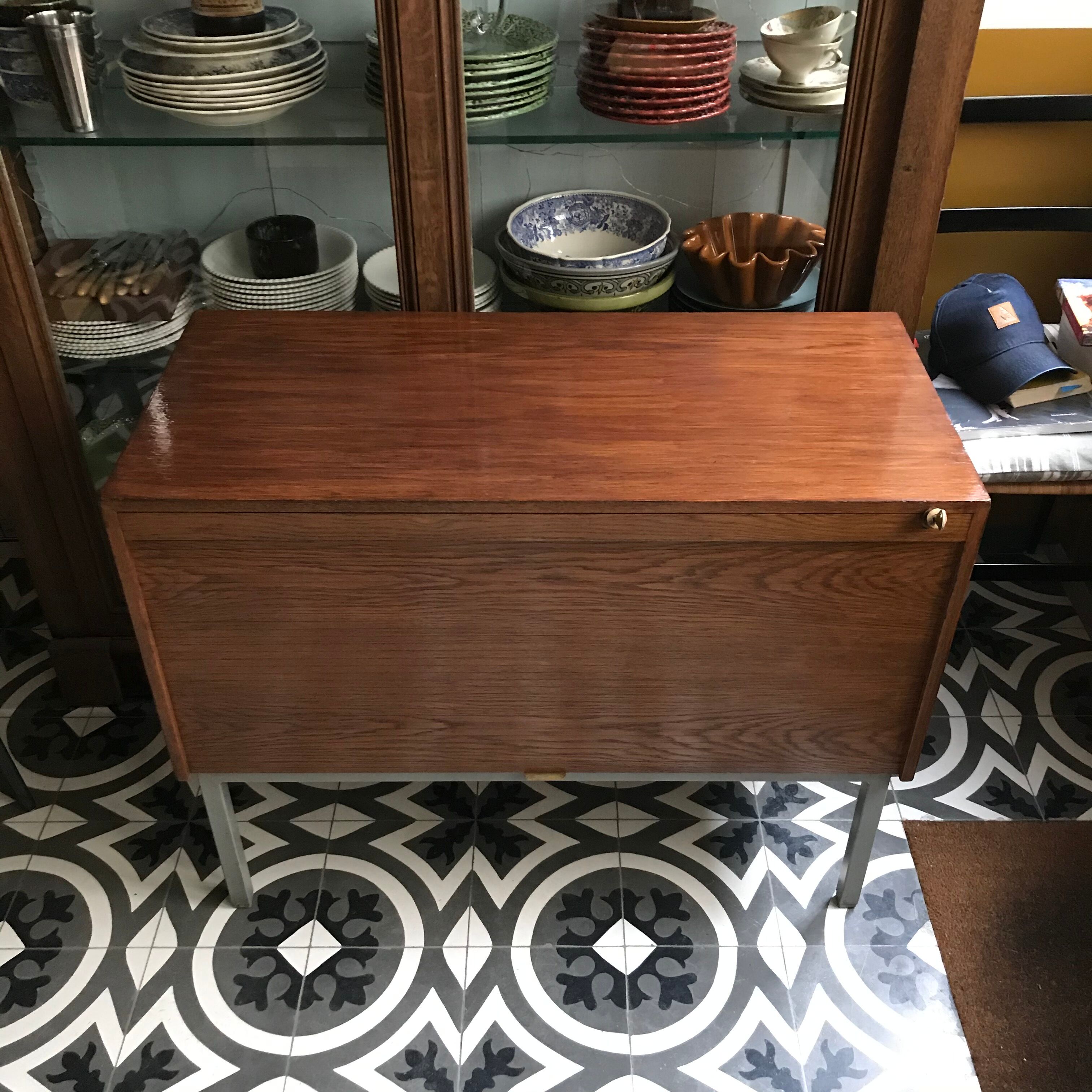 Vintage Scandinavian wood roller cabinet brand Facit