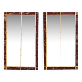 Large pair of 19th century gilded wood mirrors in bamboo and silk style