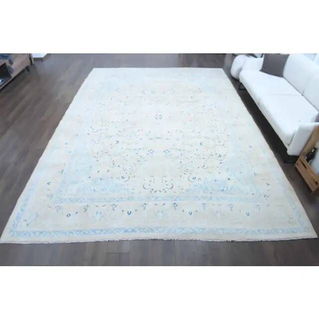1970s Vintage Persian Handmade Wool Cotton Light Blue Area Rug 291x397