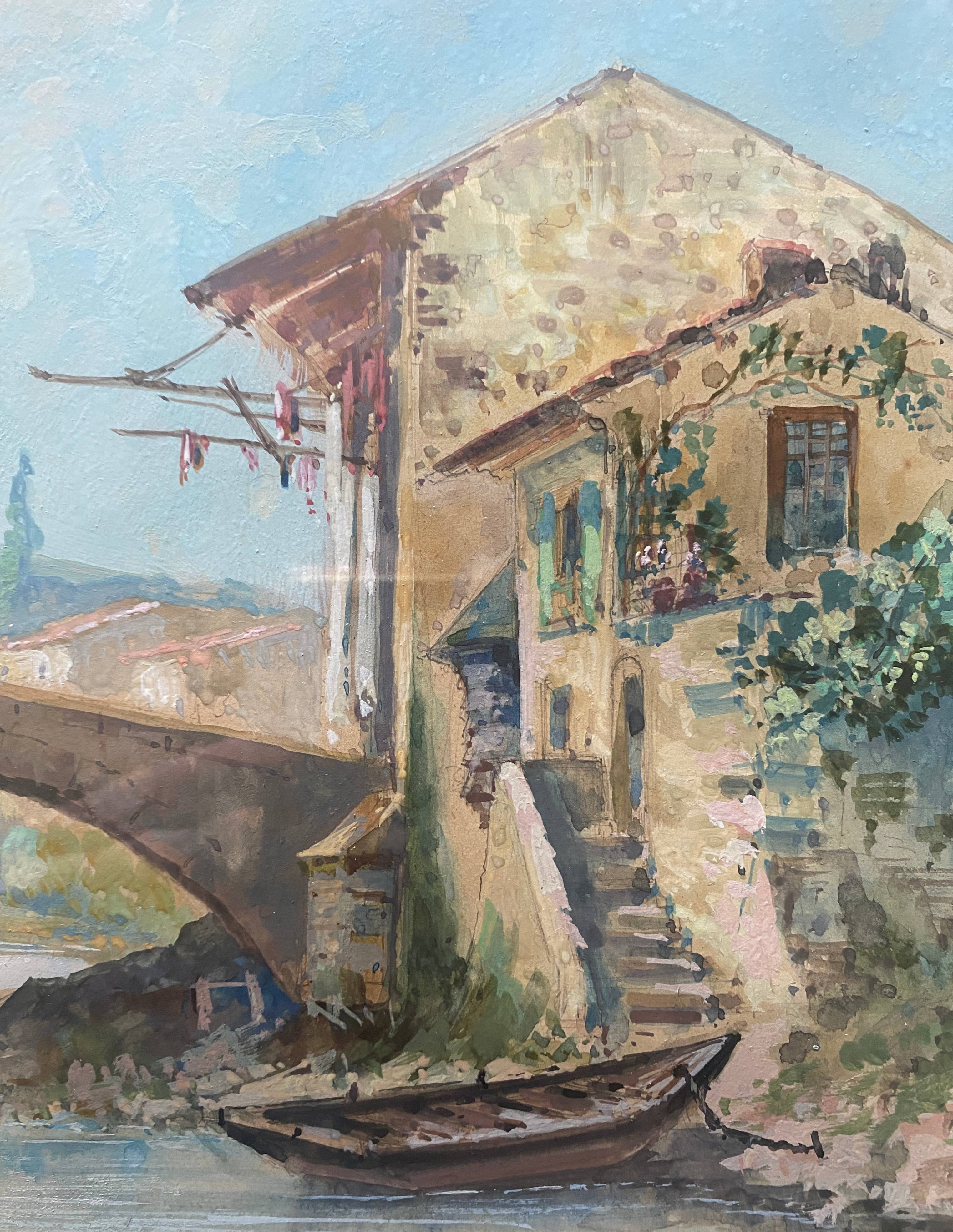 Magnificent 19th century Gouache painting "Roman house by the water" Italy? sign