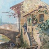 Magnificent 19th century Gouache painting "Roman house by the water" Italy? sign