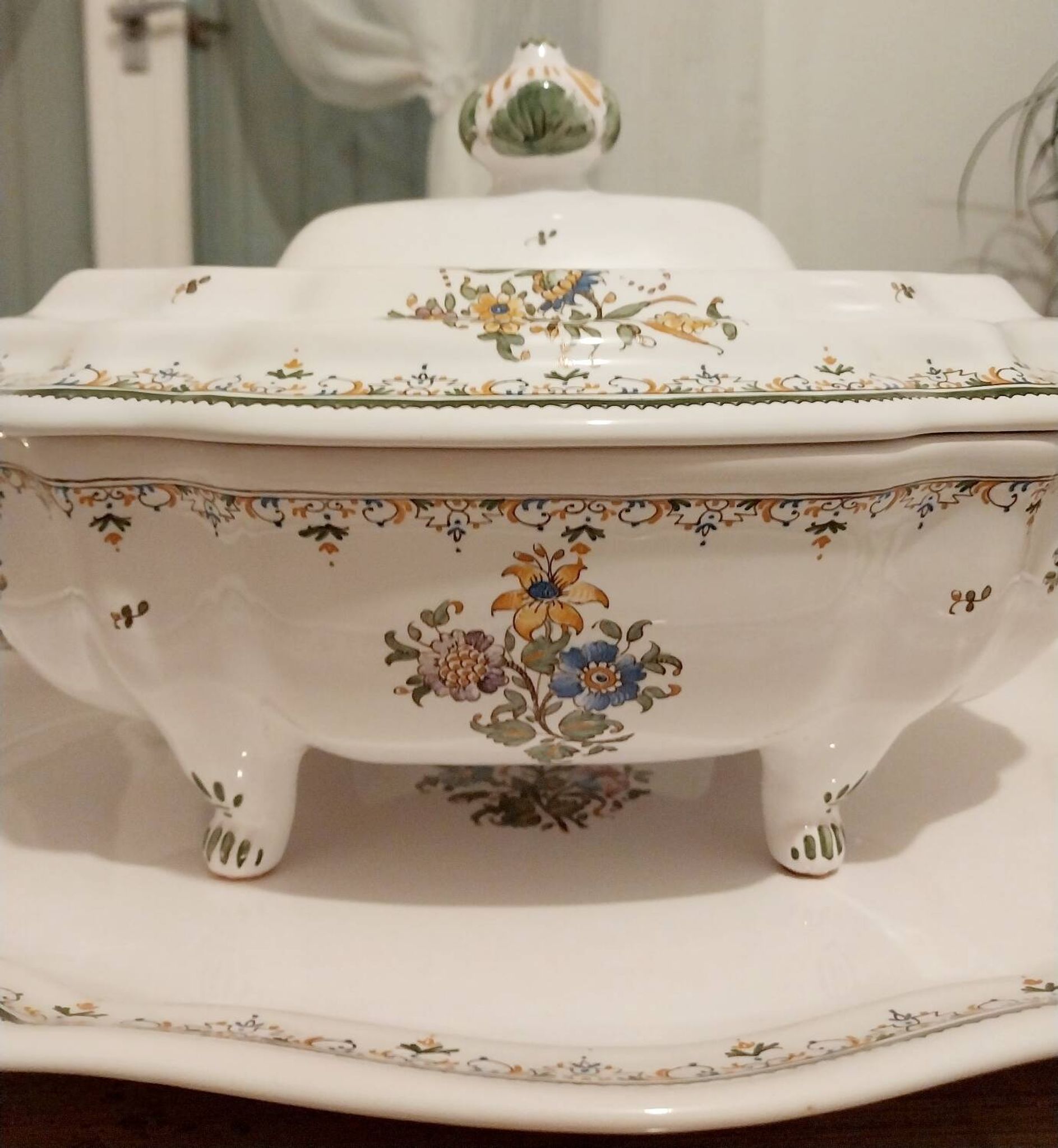 Soup tureen and dish signed Bondil from Moustiers, Provençal art pottery.