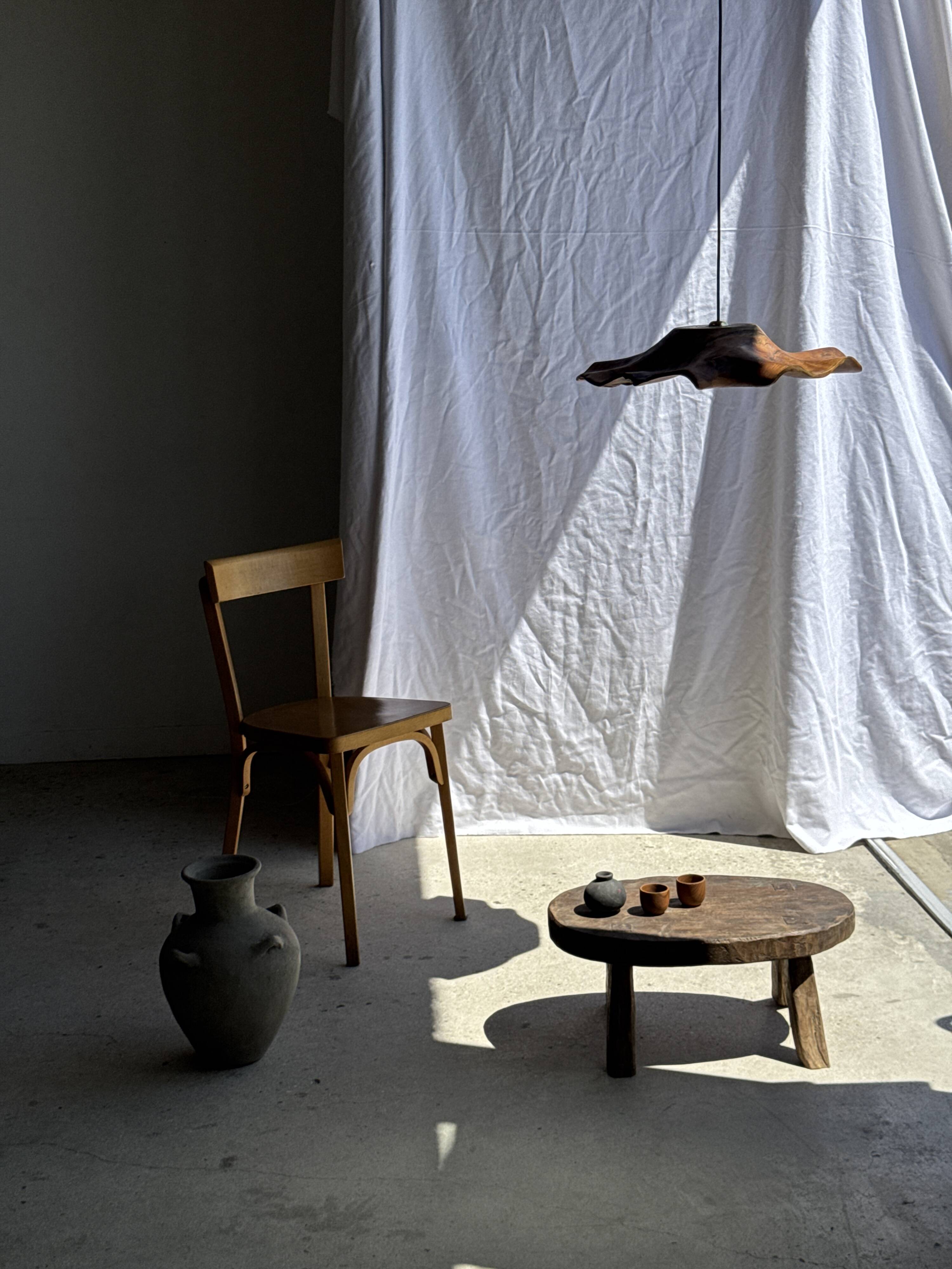 Small stool or small oval side table in solid teak wabi-sabi H24 53