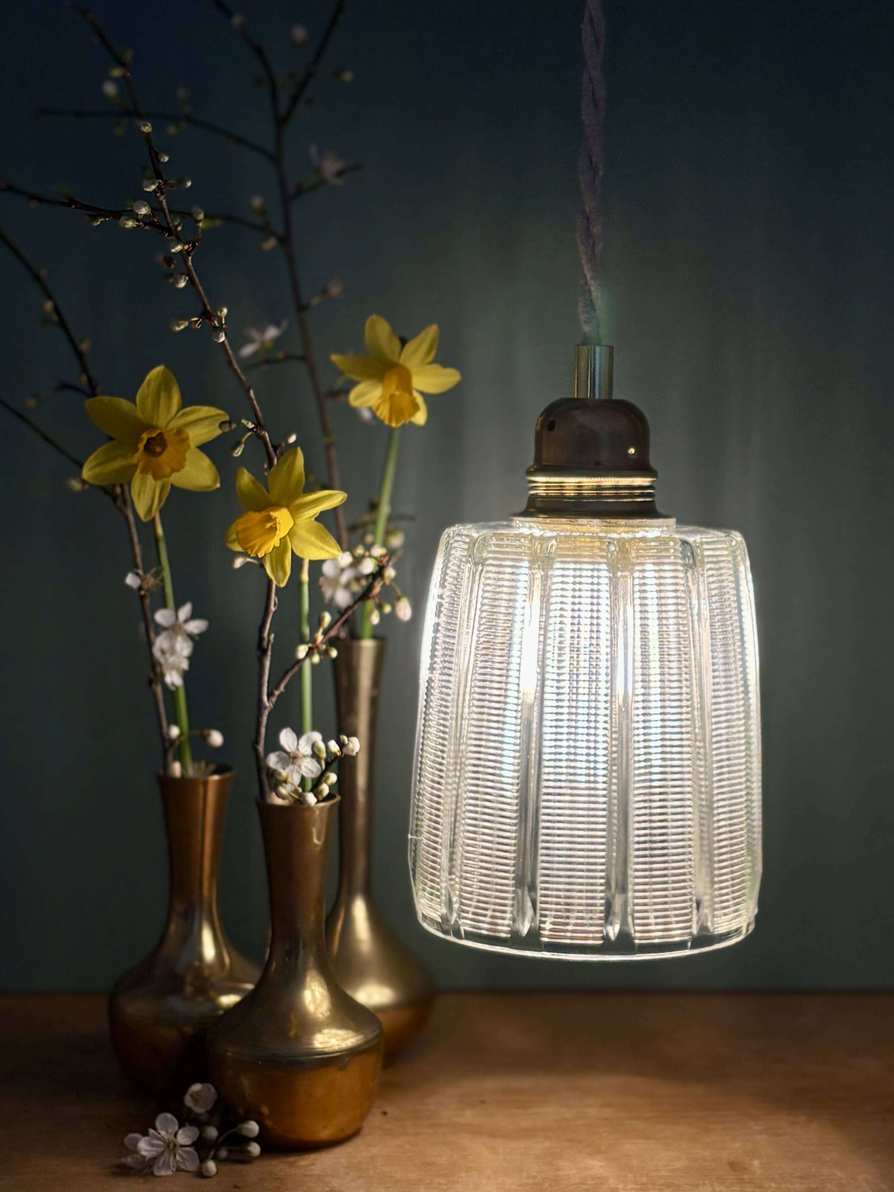 Vintage tulip suspension in holophane glass