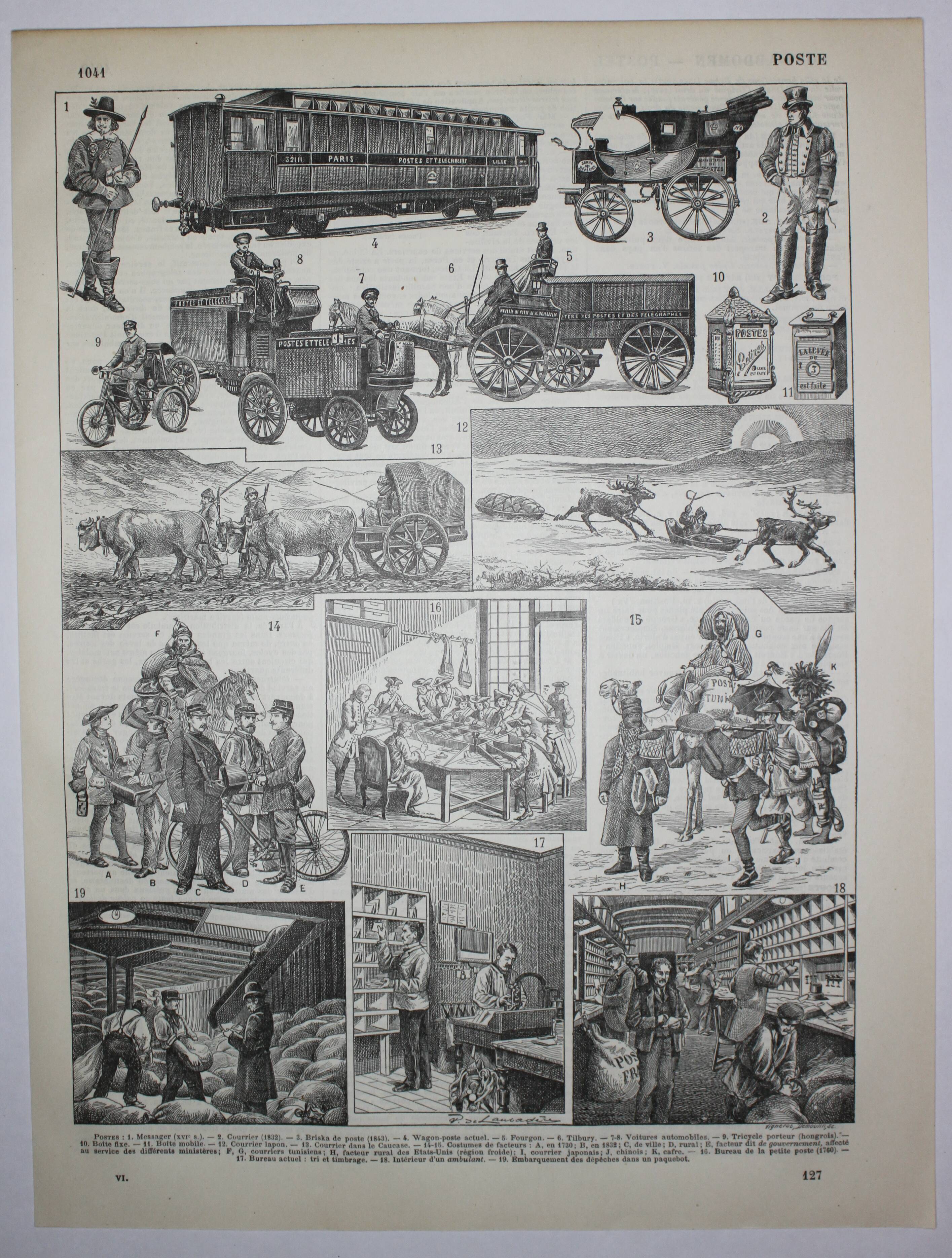 Lithograph • The old post office, mail, letter • Original engraving from 1898