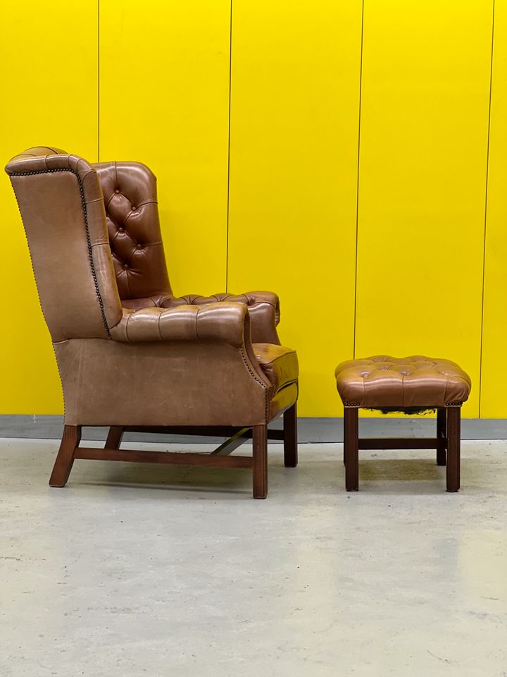 Brown leather chesterfield wing chair with Ottoman