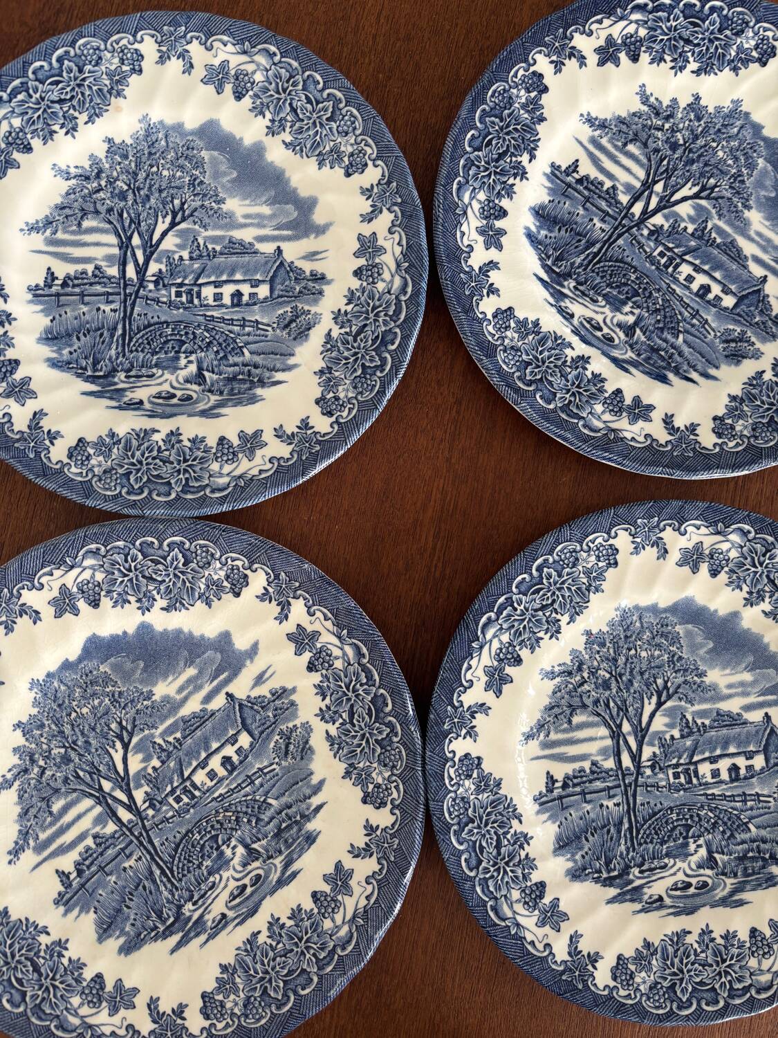 Set of 4 vintage English porcelain dessert plates, blue, cha decor