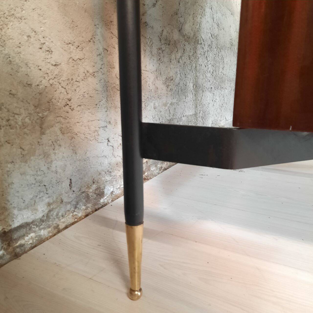 Vintage lacquered top desk with iron structure and pointed brass feet