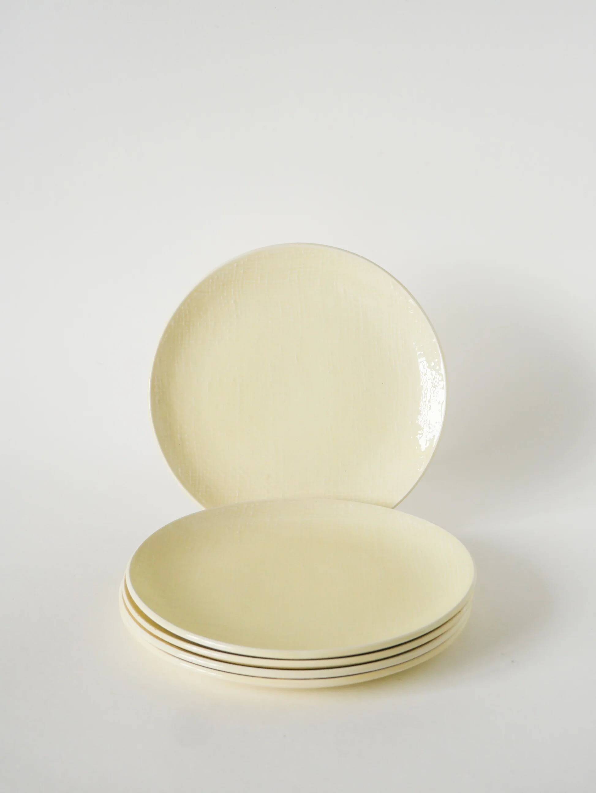 Set of 5 dessert plates, woven effect, butter yellow, Salins, 1950