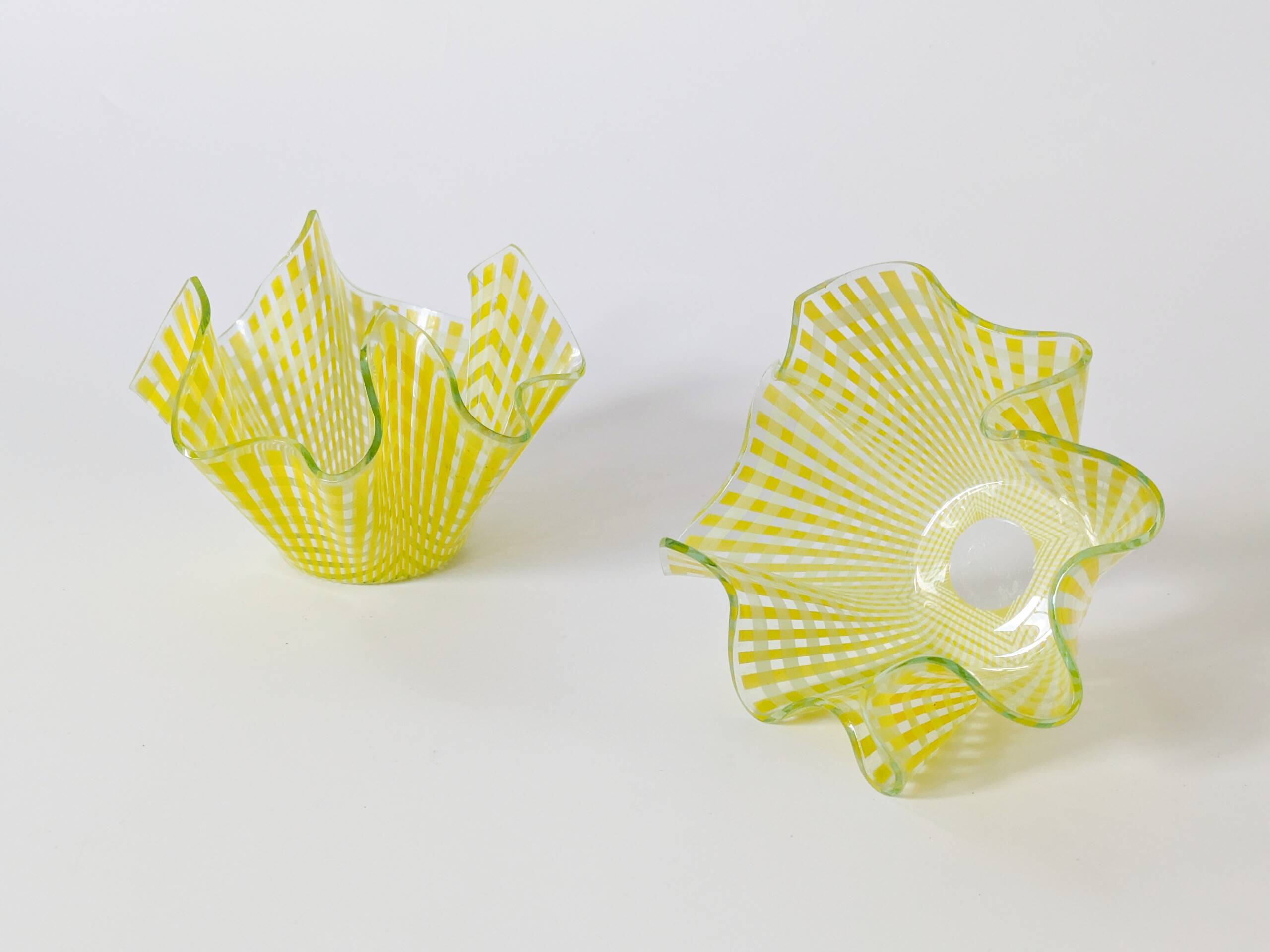 Pair of "Gingham" Chance Brothers cups with yellow checkered pattern and wavy edges.