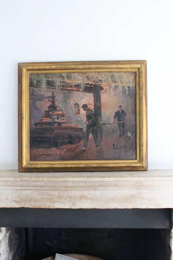 Huile sur isorel ''Deux ouvrier à la presse'' peinture post-impressionniste