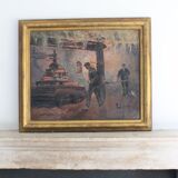 Oil on hardboard "Two workers at the press" post-impressionist painting