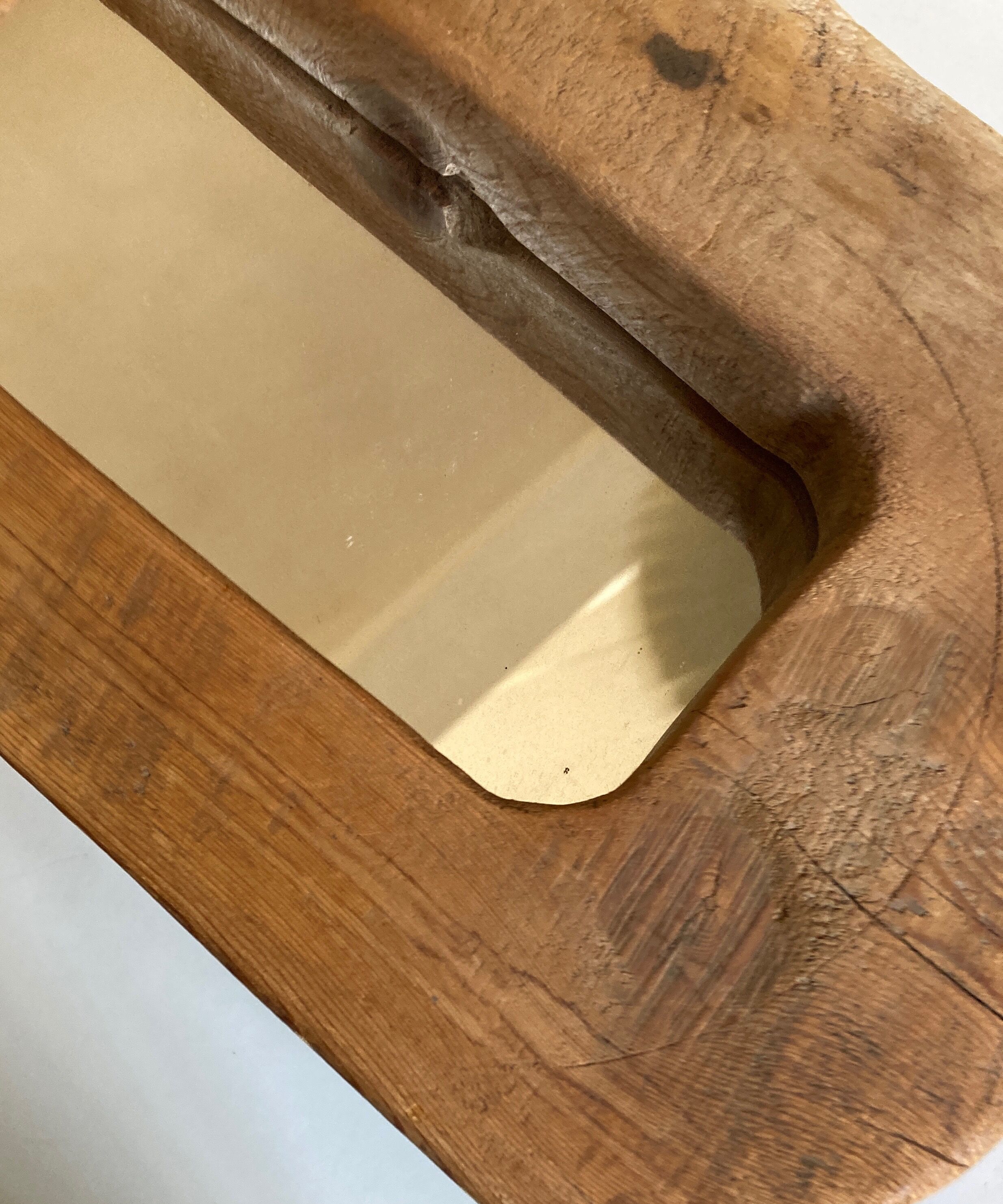 Mirror cubist shape in raw wood Formentera 1970