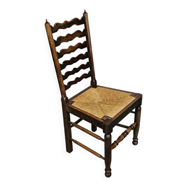 Ensemble de 4 chaises de salle à manger en chêne, rustiques, de ferme, à dossier en échelle avec sièges en jonc, années 1960