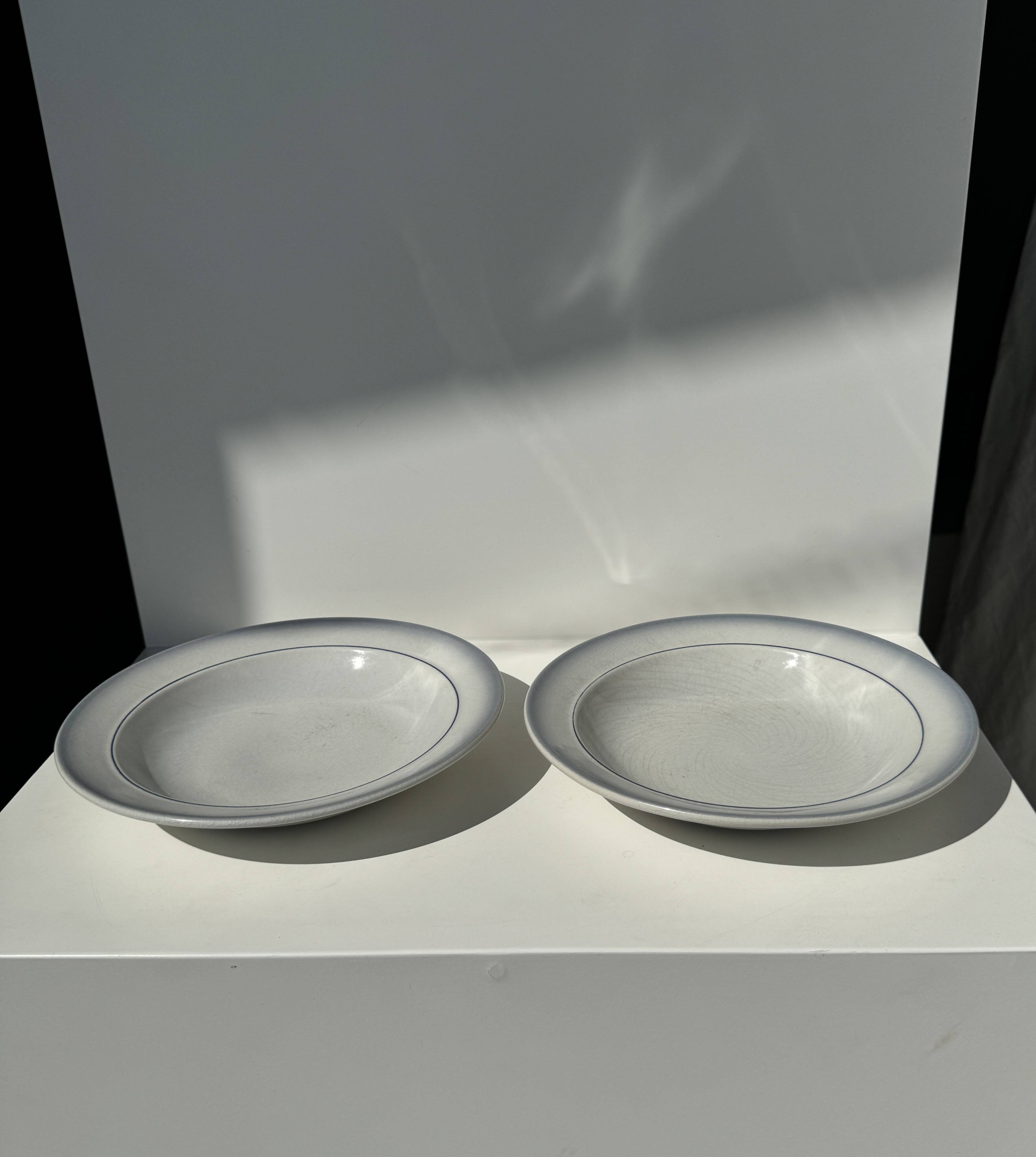 Set of 2 blue deep plates, Saint Amand earthenware, La Baule model, hand painted