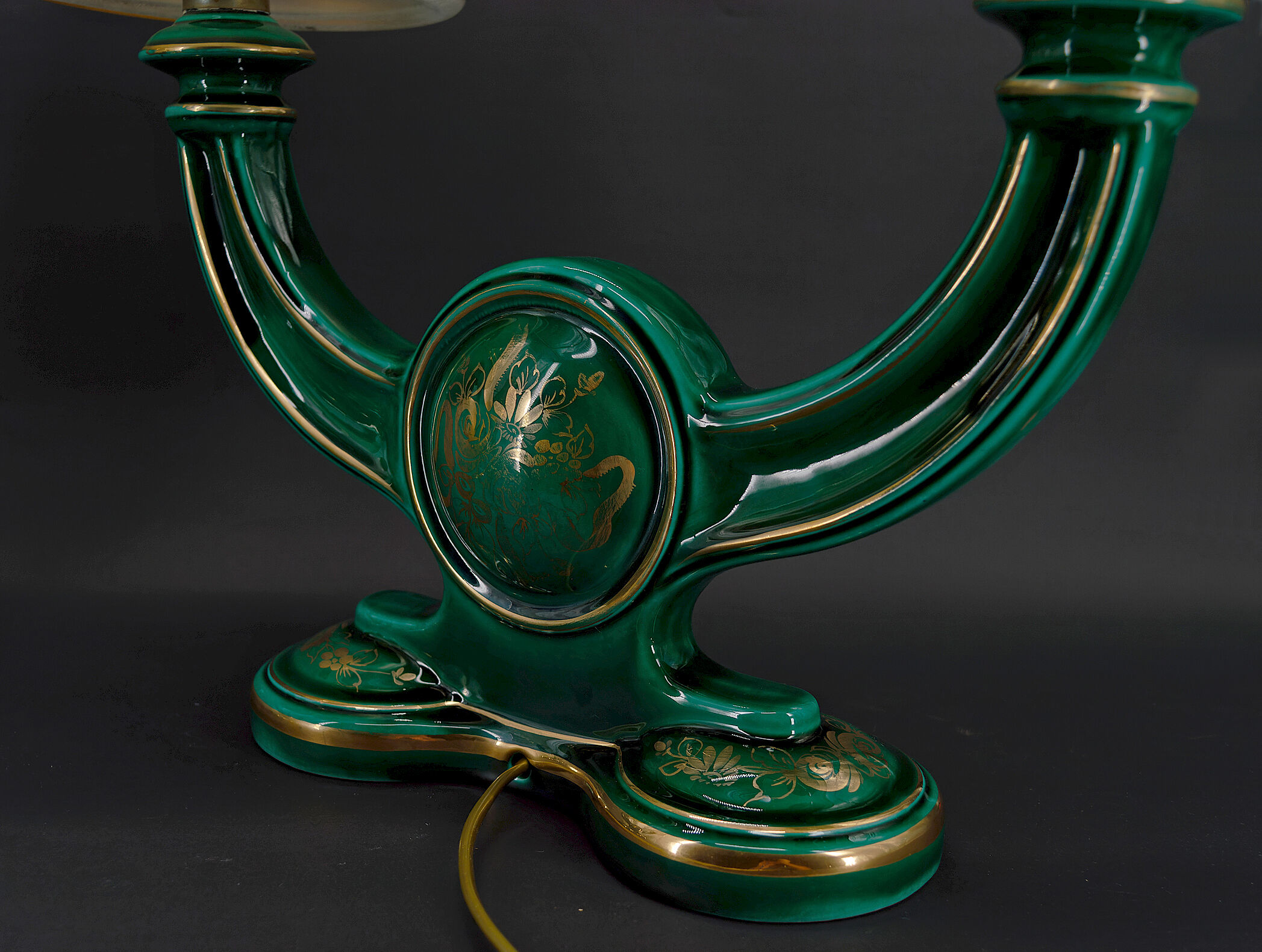 Pair of lamps in green and gold earthenware, circa 1940