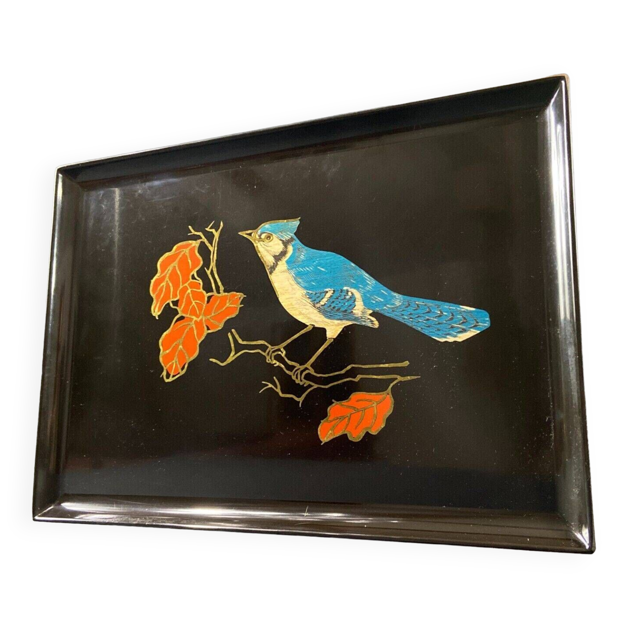 Tray in satin black resin with bird decoration 1970
