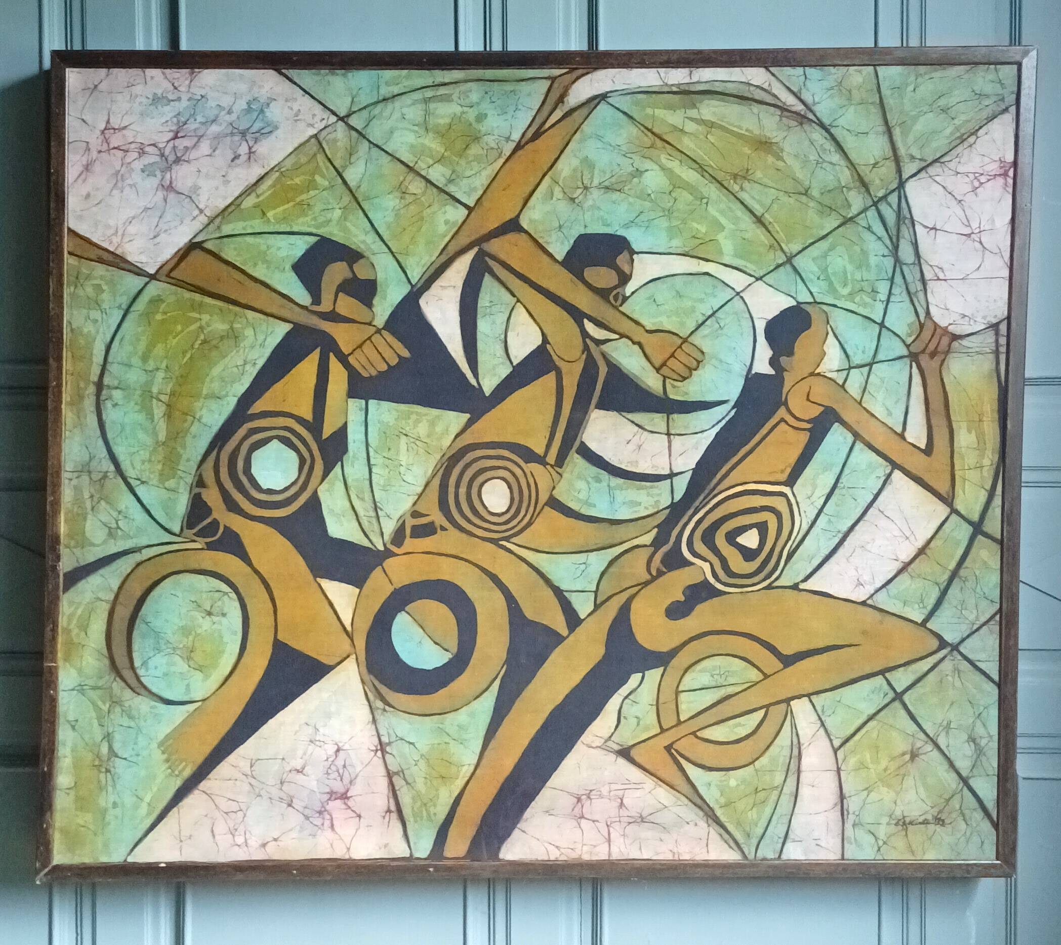 Neo-Cubist painting signed, ink on fabric, framed 1993