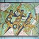 Neo-Cubist painting signed, ink on fabric, framed 1993