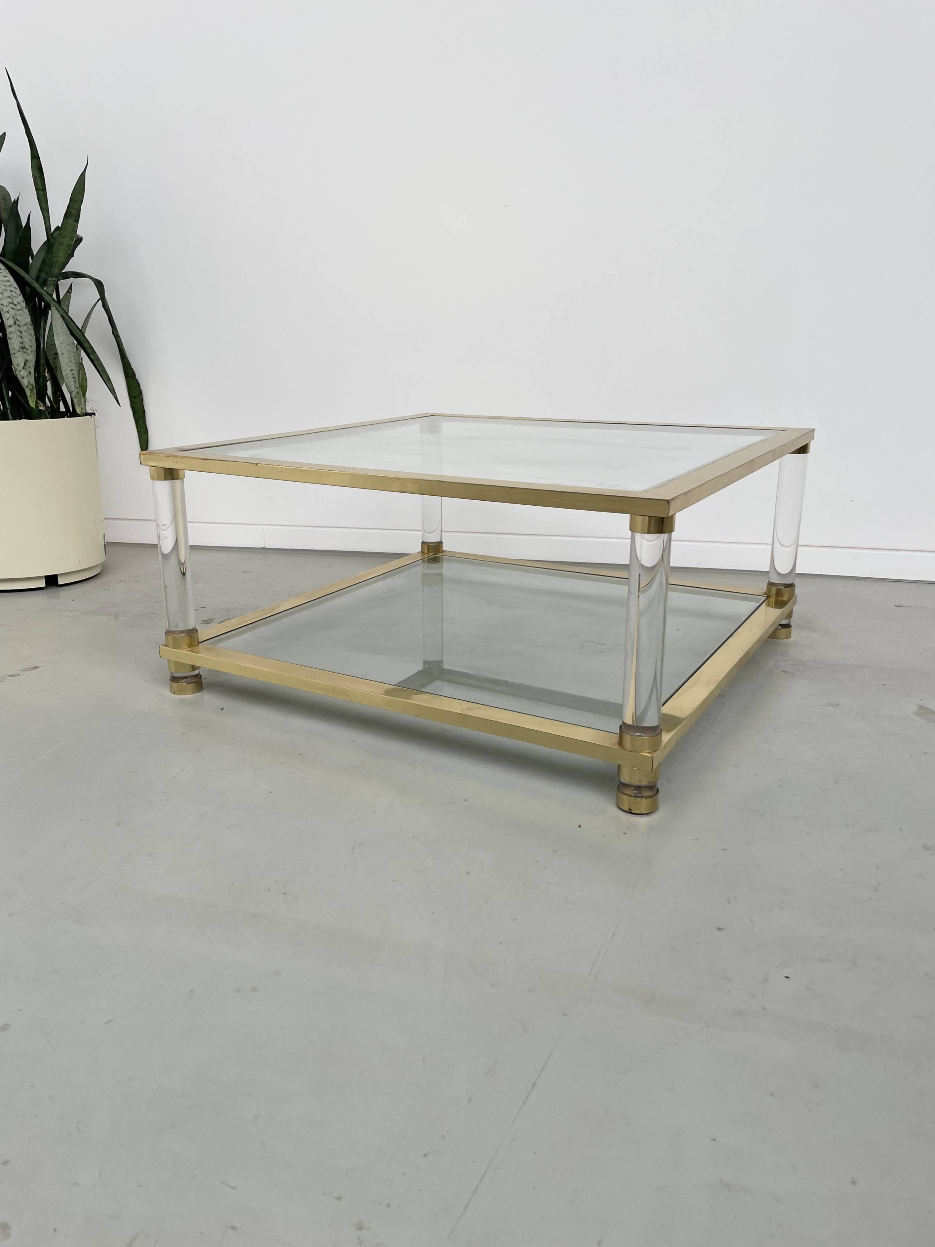 1970s lucite, brass and glass coffee table
