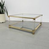 Table basse lucite, laiton et verre années 70