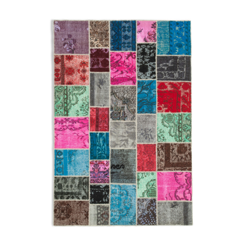 Hand-knotted turkish 206 cm x 305 cm multicolor patchwork carpet