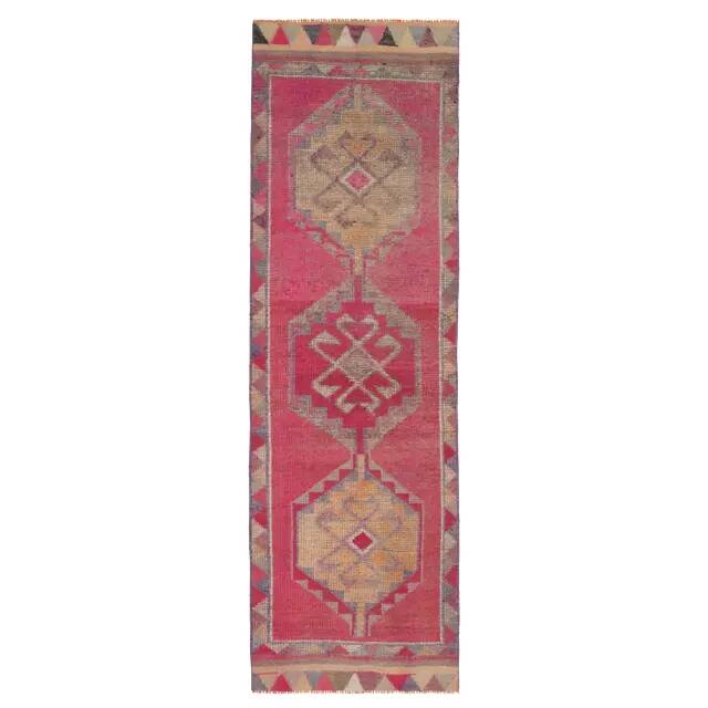 Vintage Turkish Hand-Knotted Wool Cotton Pink Runner Rug 95x309