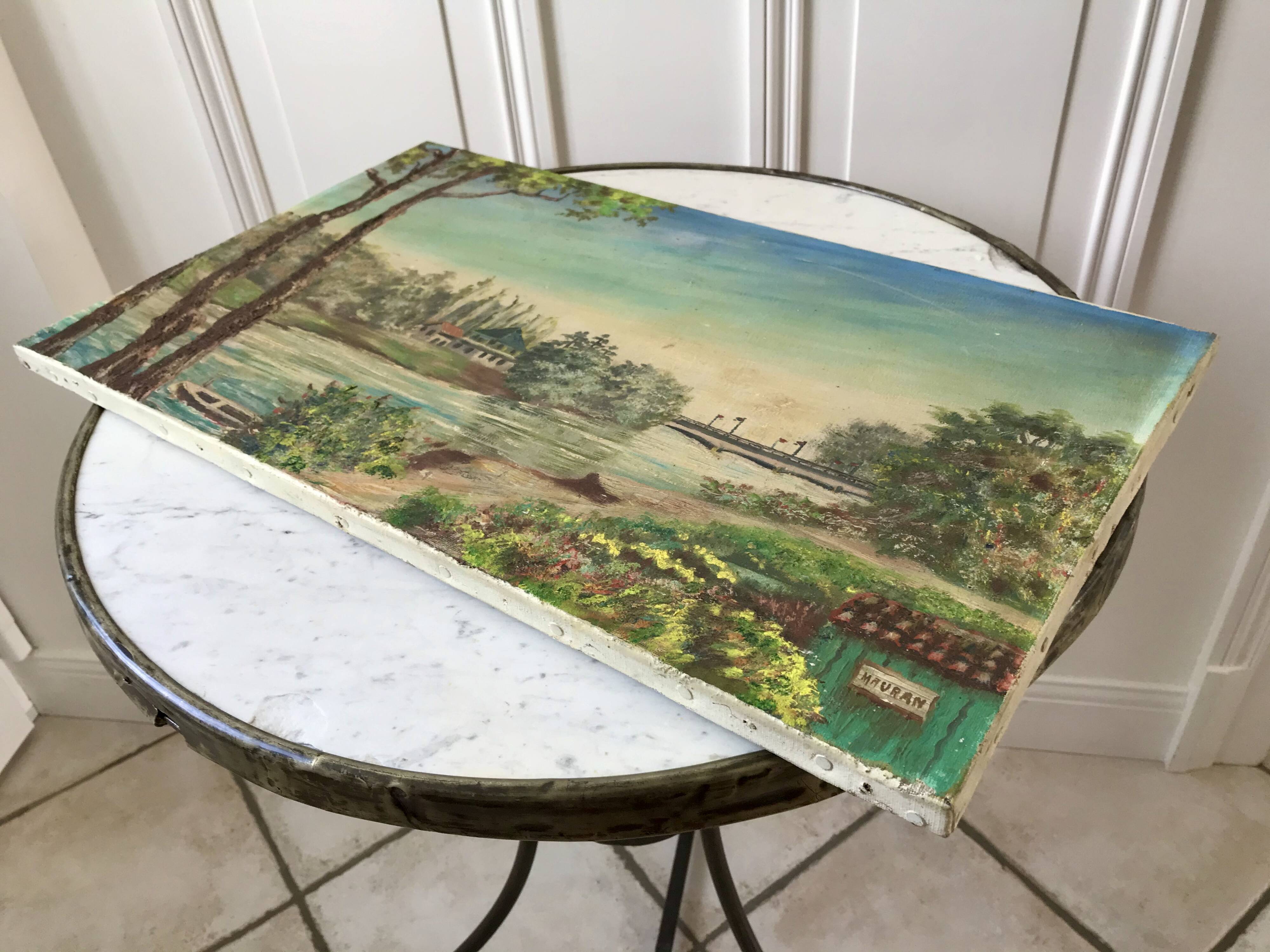 Oil painting on canvas landscape river bellerive bridge signed "morand" vinage