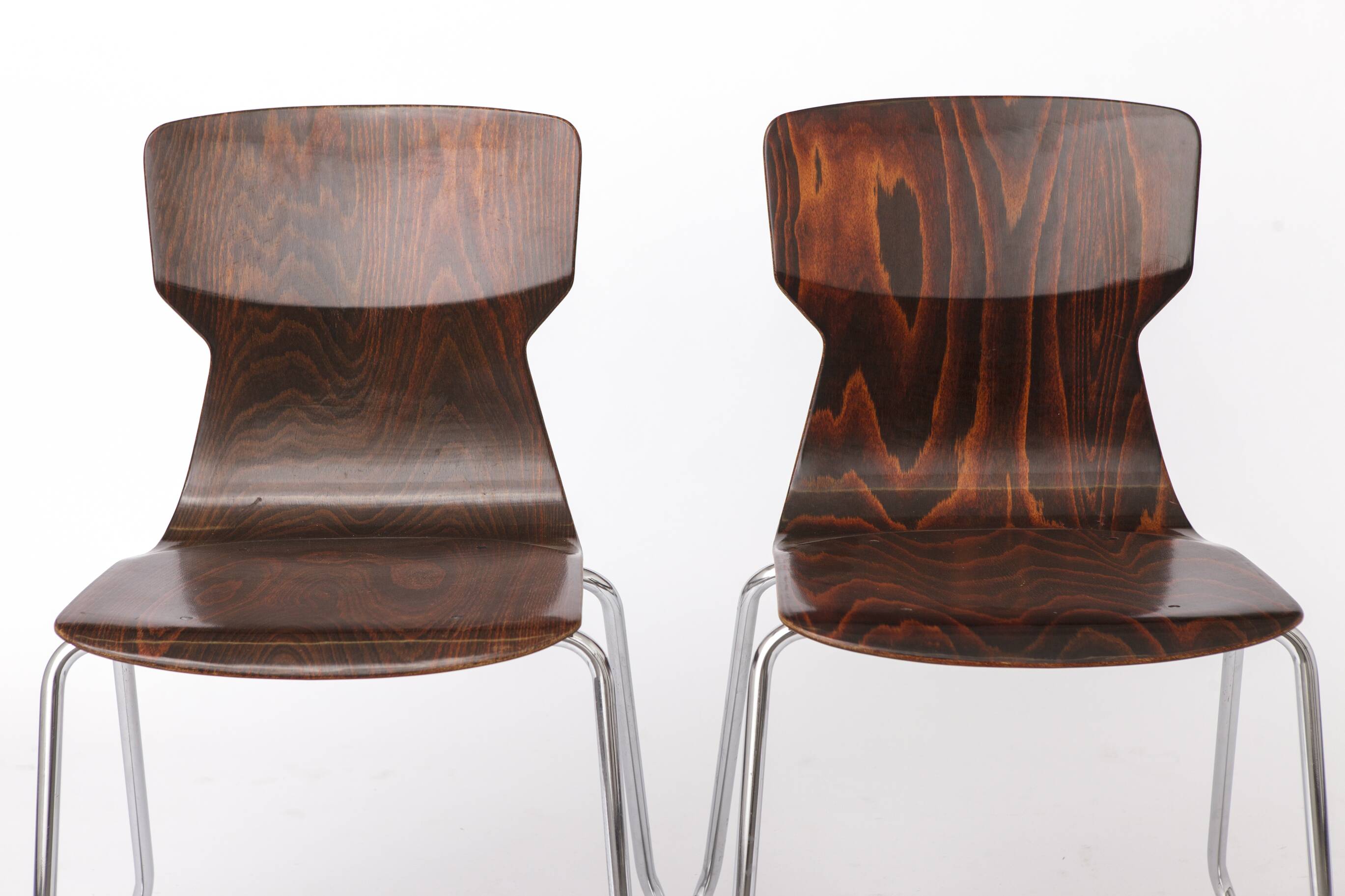 2 of 8 Vintage Casala Stackable Chairs, Germany 1970s, Plywood & Chrome