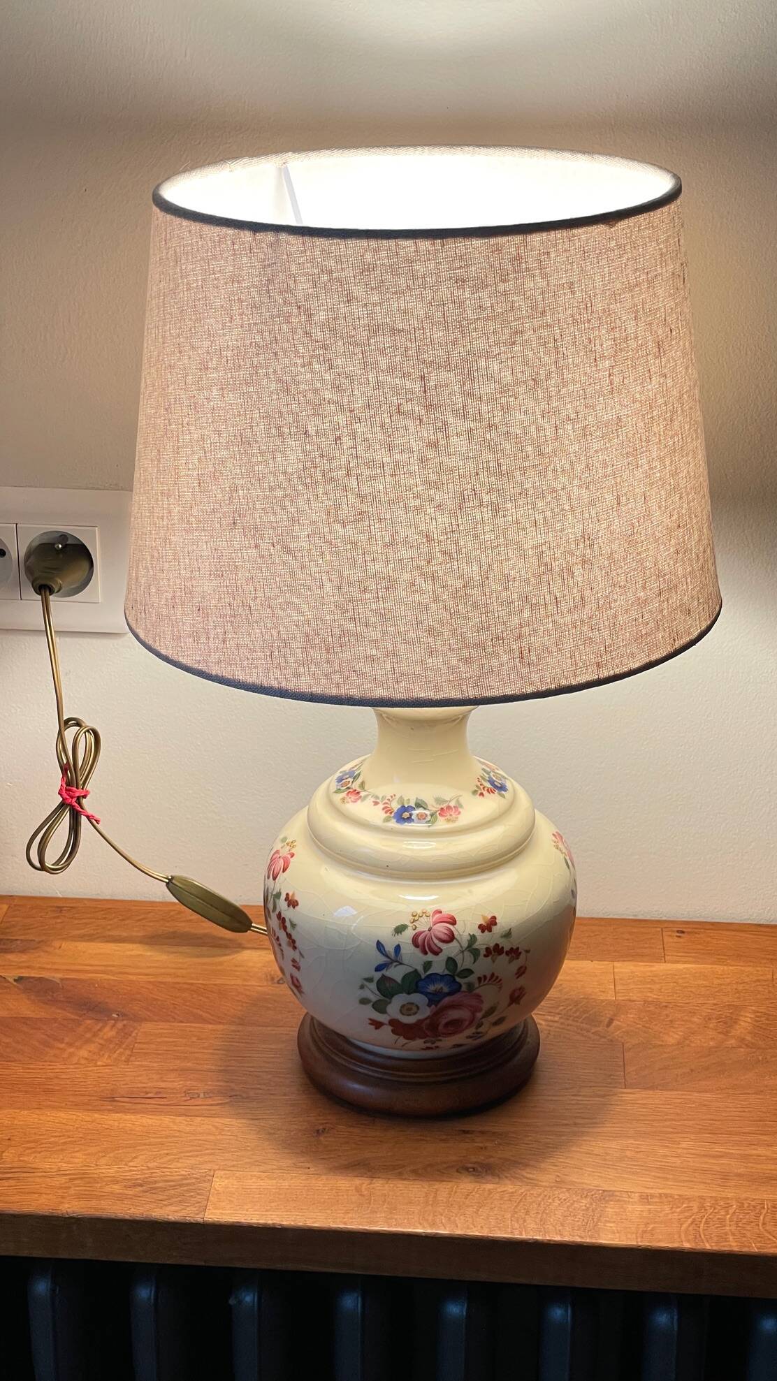 Vintage Ceramic Lamp with Wooden Base