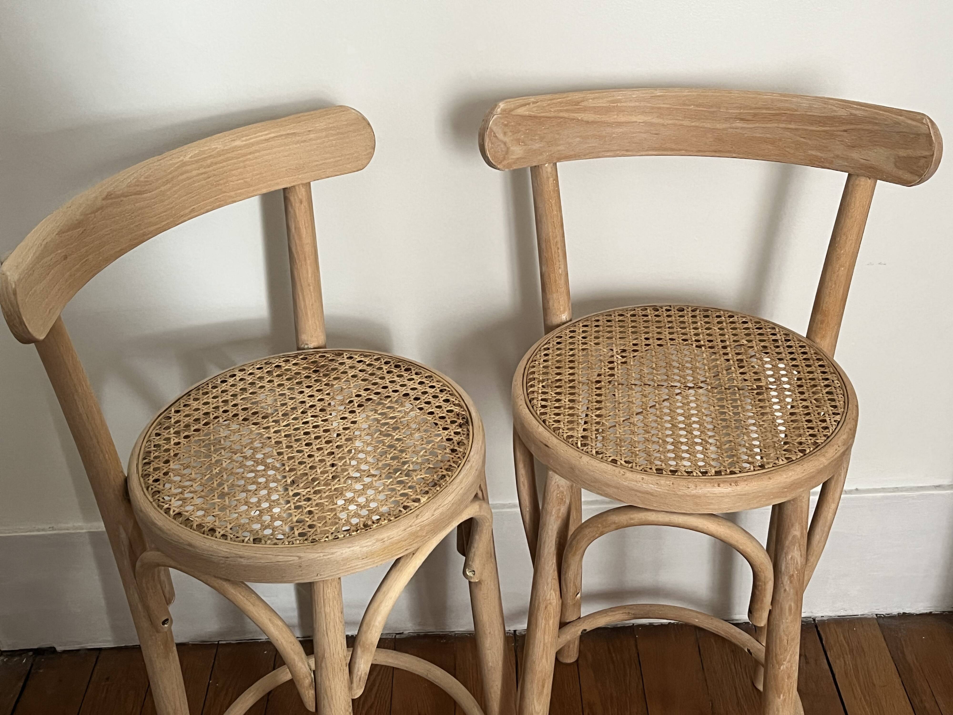Pair of high chairs, curved wood and caning.