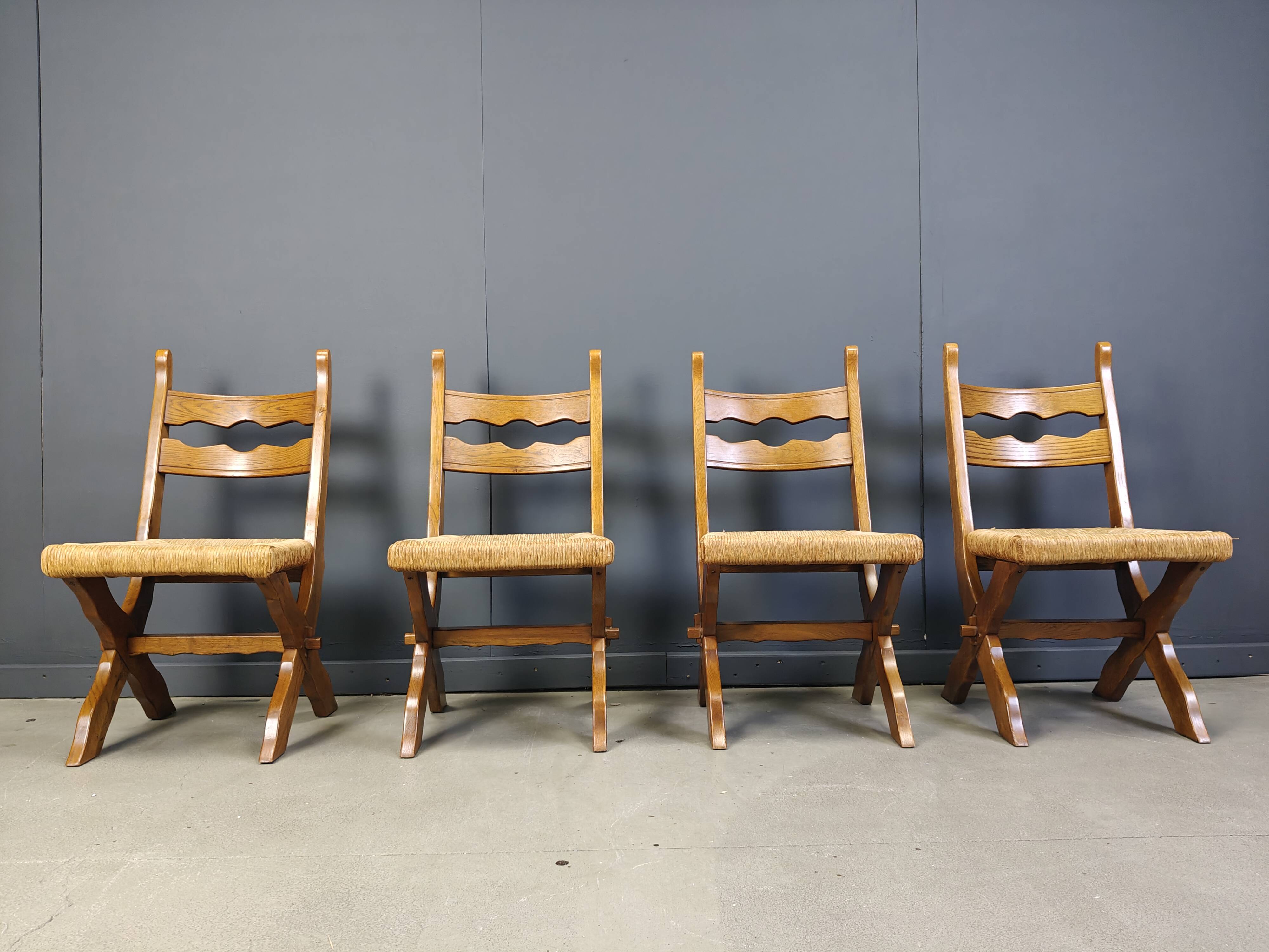 Vintage oak and wicker brutalist chairs, 1960s - set of 6