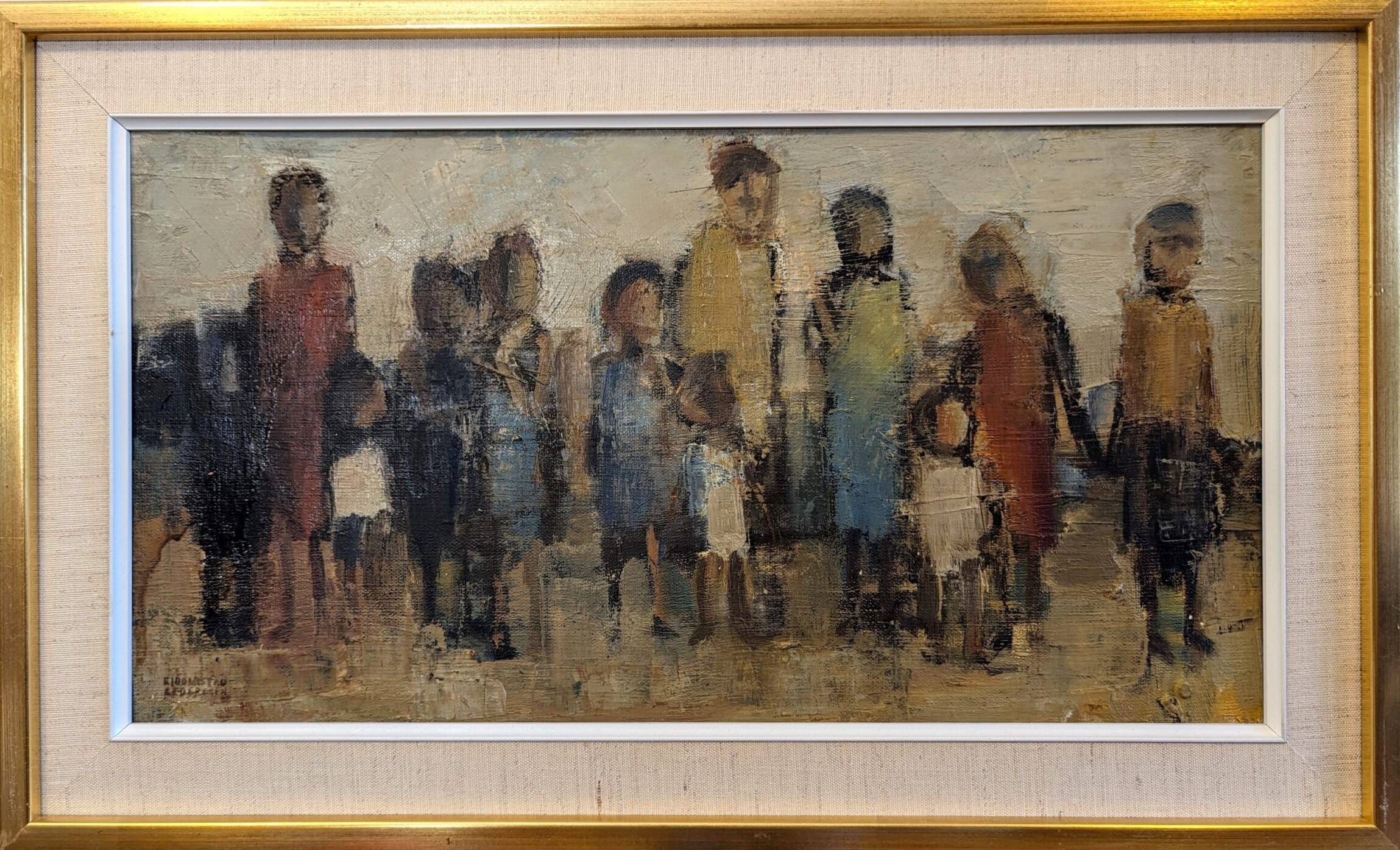Mid-Century Modern Swedish "Assemble", Vintage Figurative Oil Painting, Framed