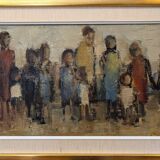 Mid-Century Modern Swedish "Assemble", Vintage Figurative Oil Painting, Framed
