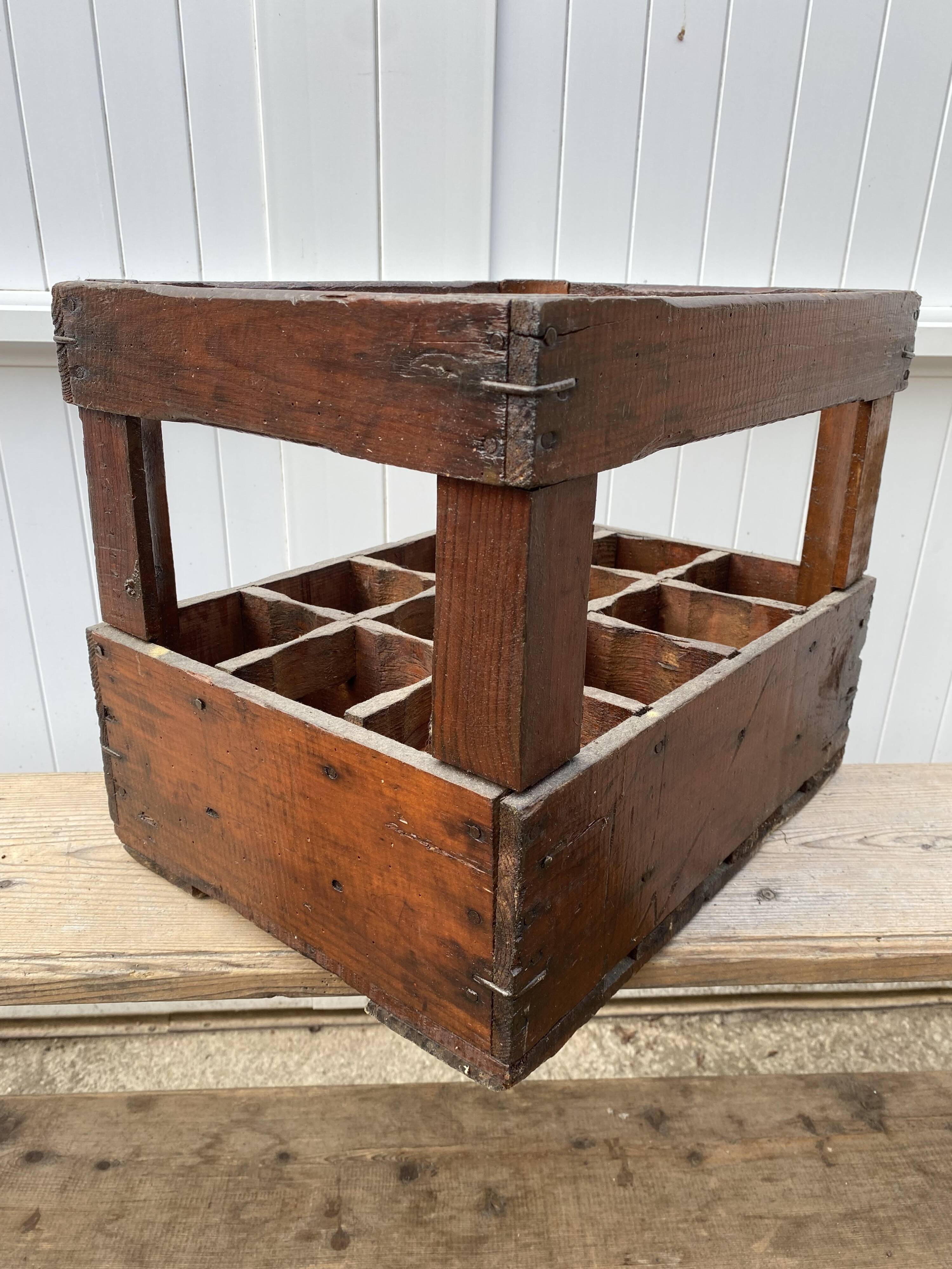 Authentic vintage 1970s wooden bottle holder crate