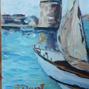 Marine painting, the port of La Rochelle, 1950s