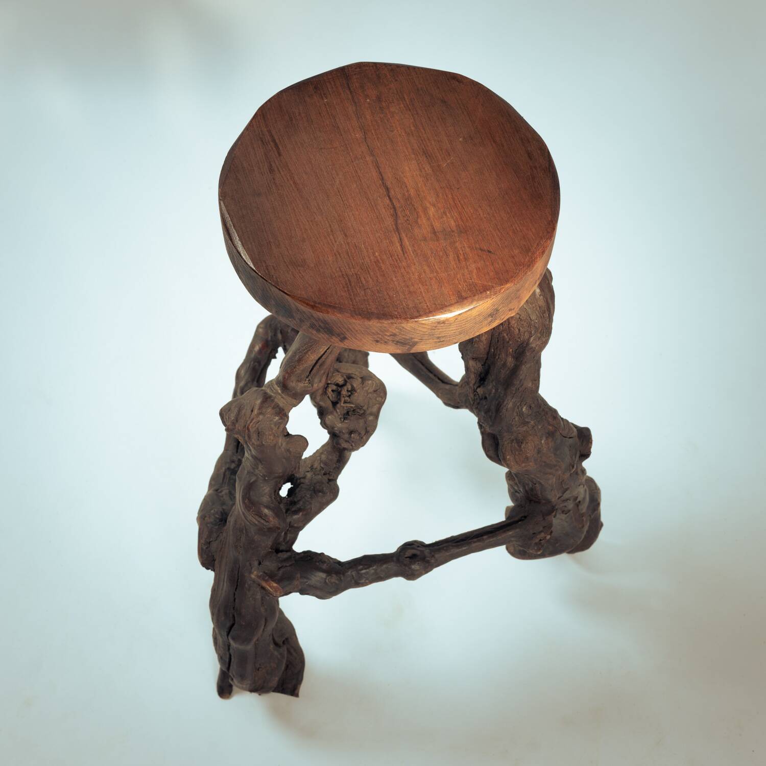 4 Tripod Bar Stools in Vine Wood and Oak, Handmade, France, 1950s