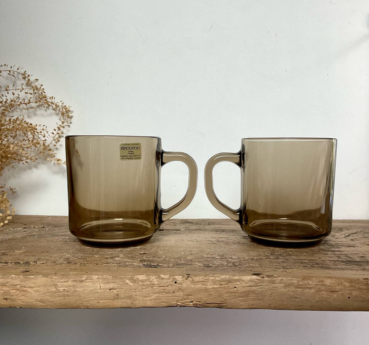 2 Arcoroc France smoked glass mugs