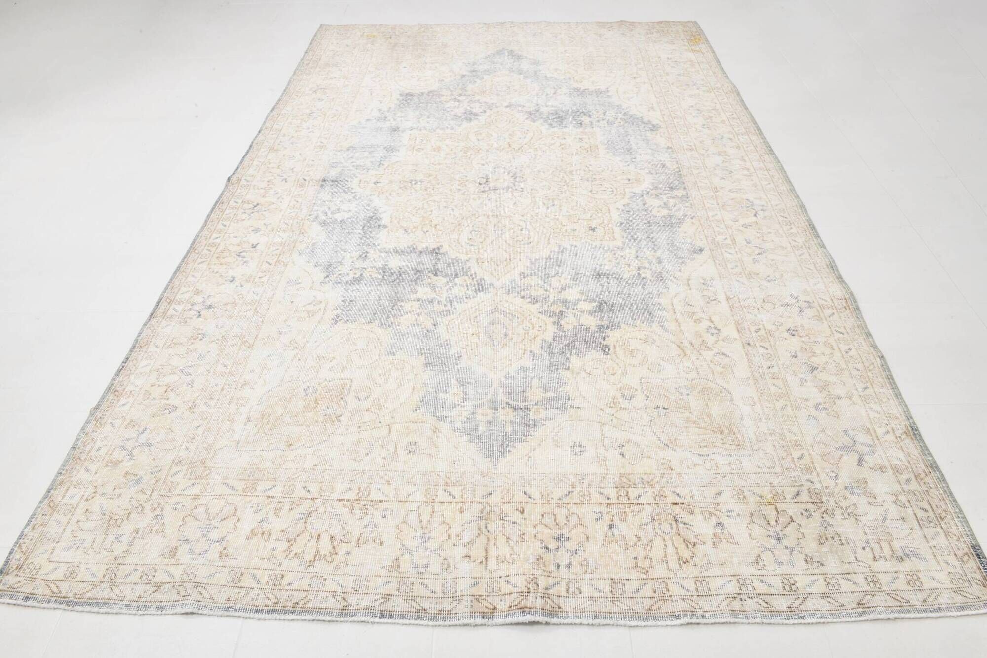 Vintage Light Blue & Cream Turkish Rug, Oriental Pattern Bedroom Carpet
