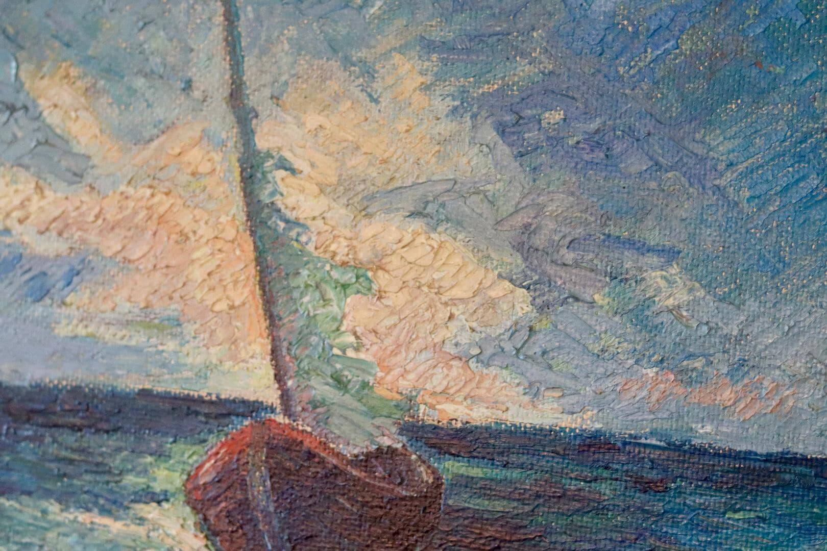 Original oil on panel from the mid-20th century – ship at sea