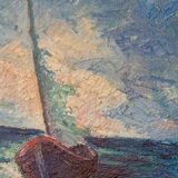 Original oil on panel from the mid-20th century – ship at sea