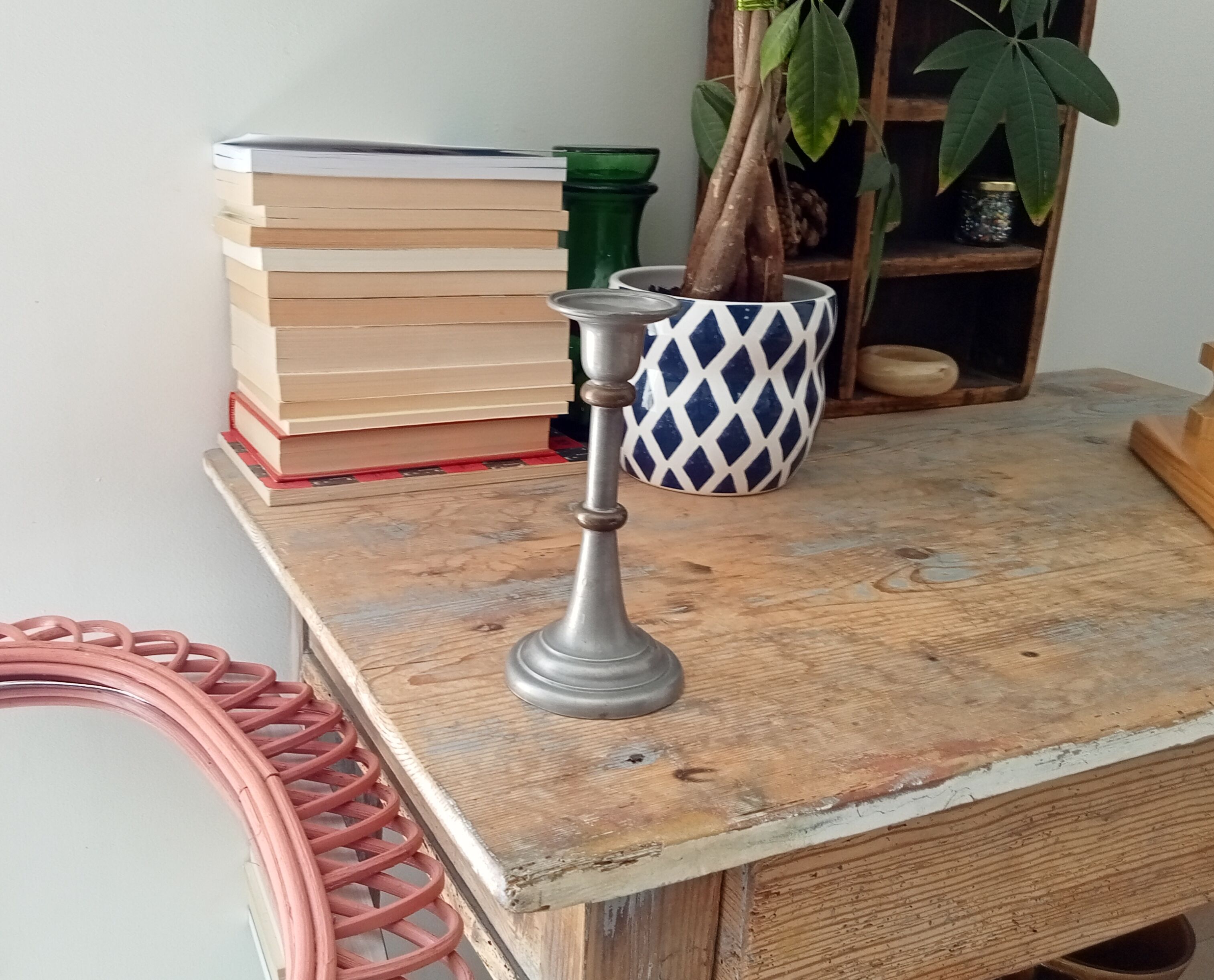 Antique candle holder in pewter and brass