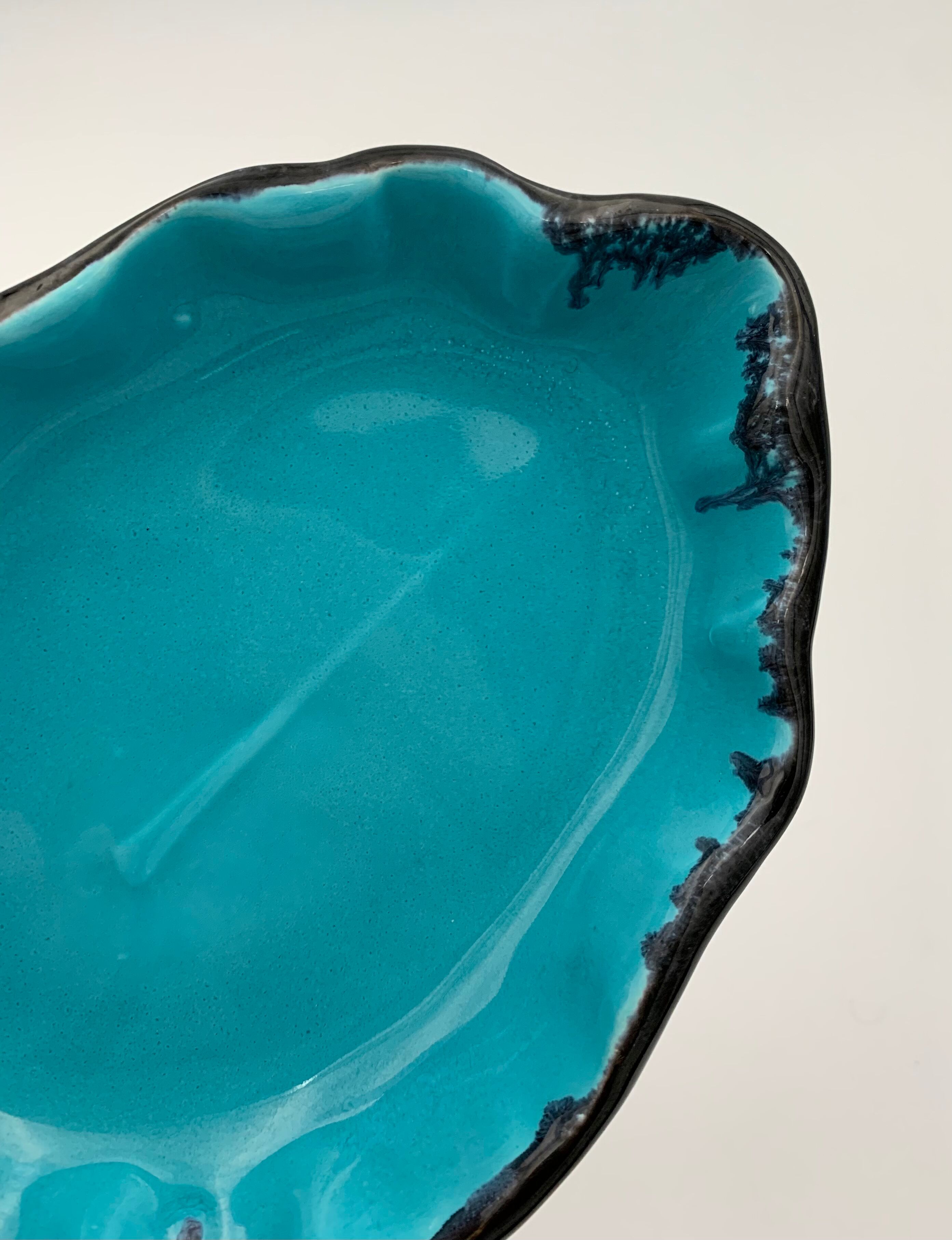 Vintage blue and black enameled ceramic trinket dish - 1960s-1970s