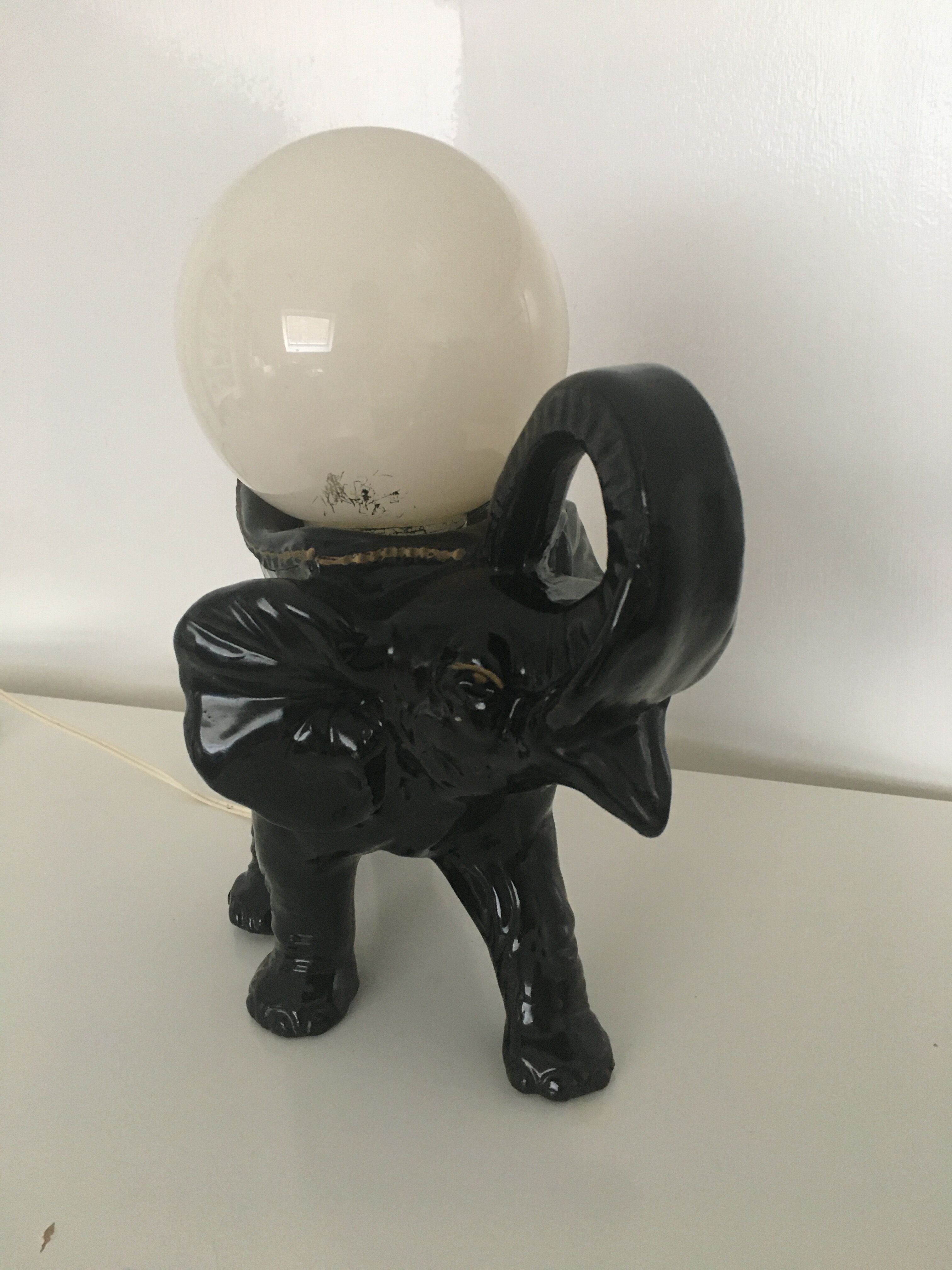Black ceramic elephant lamp and white opaline ball 1970