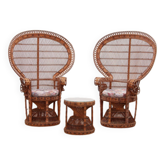 King Sized Emmanuelle Pauw Chairs with Side Table - Vintage Rattan